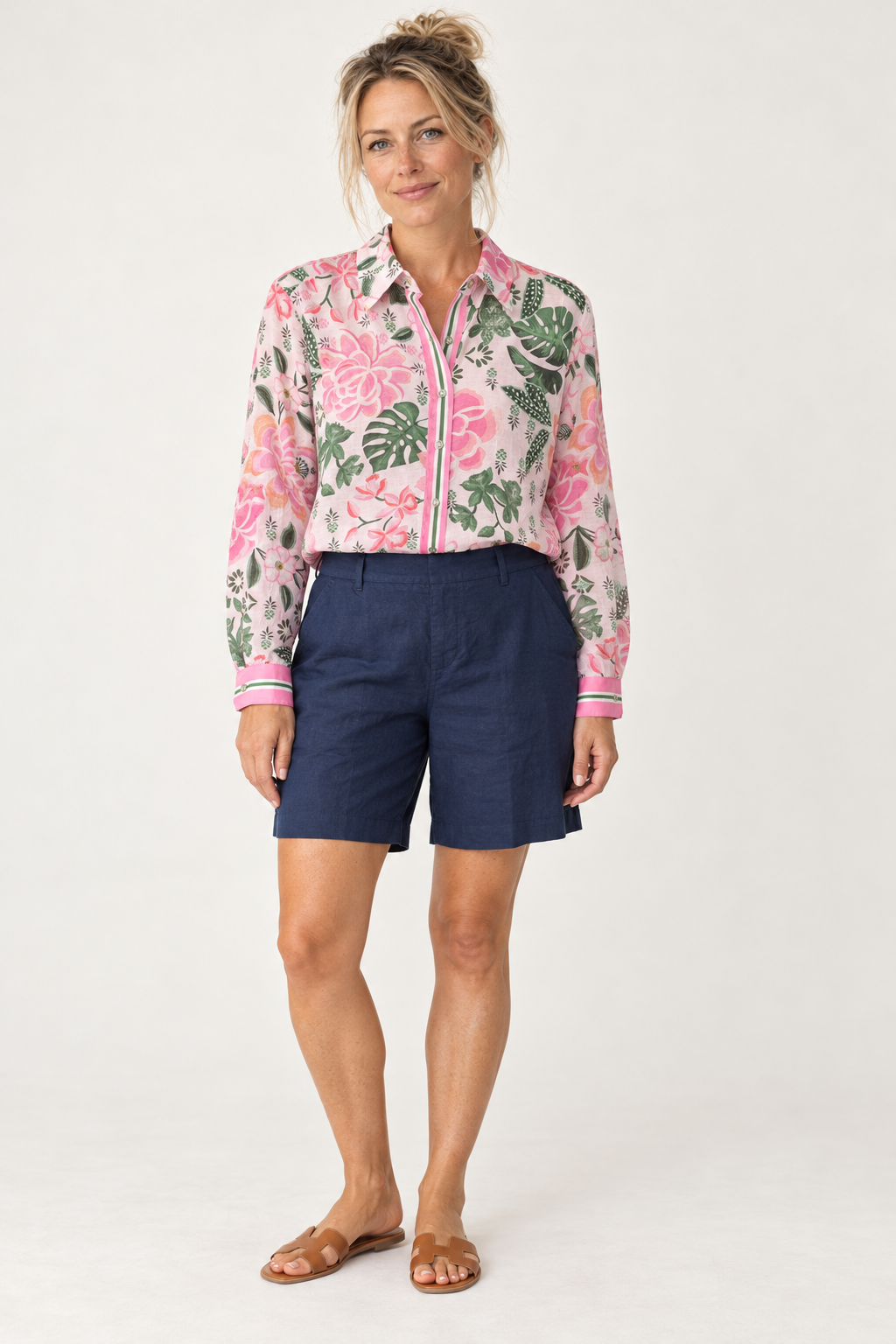 Full-length view of the Desert Oasis Shirt in Musk Multi styled with the Lino Short in Navy