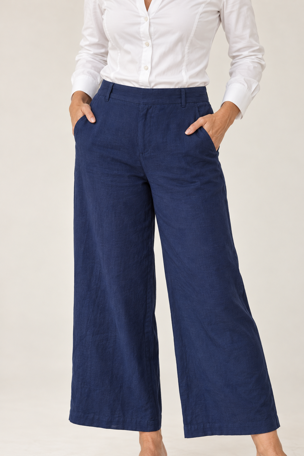 Close-up of the Gordon Smith Lino Wide Leg Pant in Navy with the Emma Rib Shirt in White