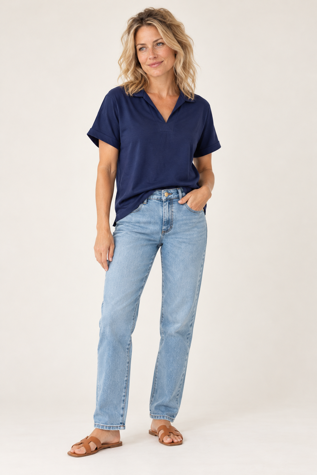 Gordon Smith Fairway Polo Top in Navy styled with La Petite Étoile Brieg jeans in Light Stone