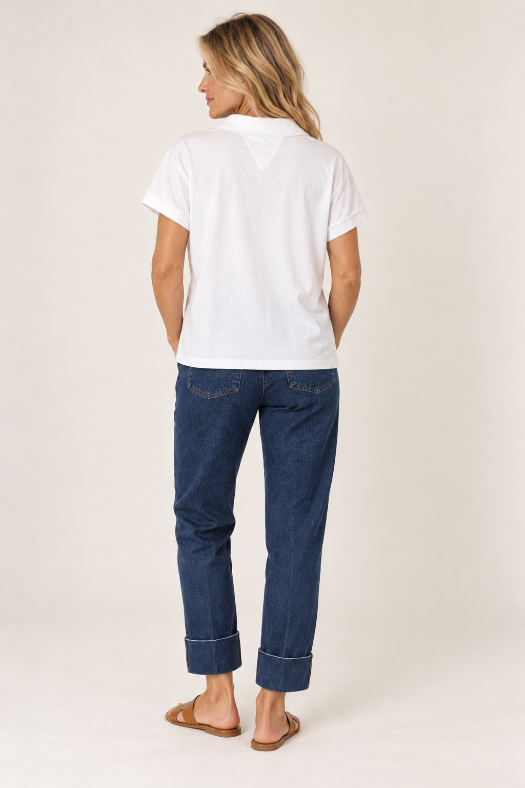 Back view of the Gordon Smith Fairway Polo Top in White on model