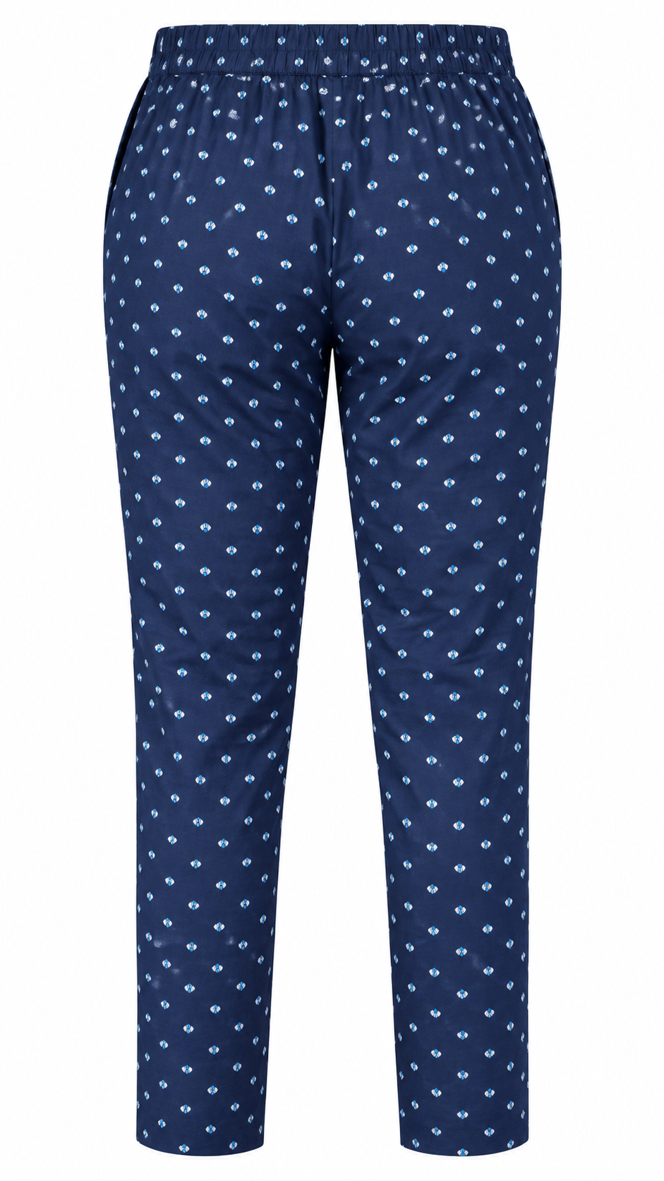 Gordon Smith Tropez Print Pant in Navy & White, back view on hanger with elasticated waist