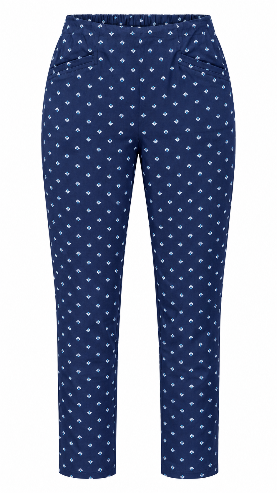 Gordon Smith Tropez Print Pant in Navy & White, front view on hanger