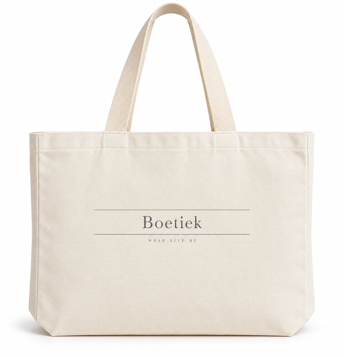 Front of the Boetiek medium cream canvas tote with the grey Boetiek wordmark