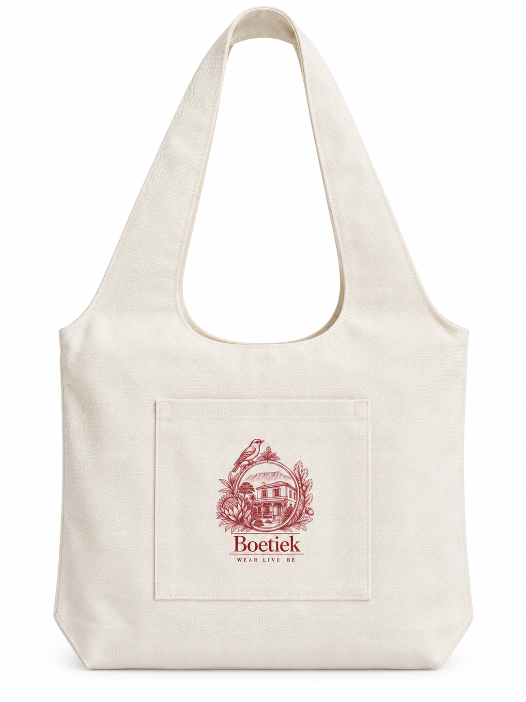 Front of the Boetiek small ecru canvas shopper with the red Boetiek logo on the pocket