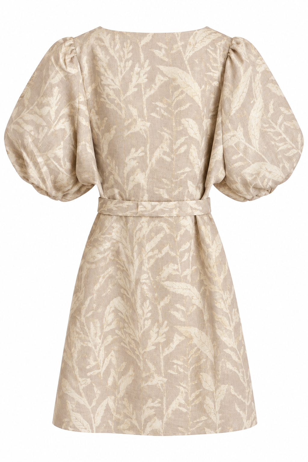Smashed Lemon leaf print puff sleeve dress in dark sand and gold, back view