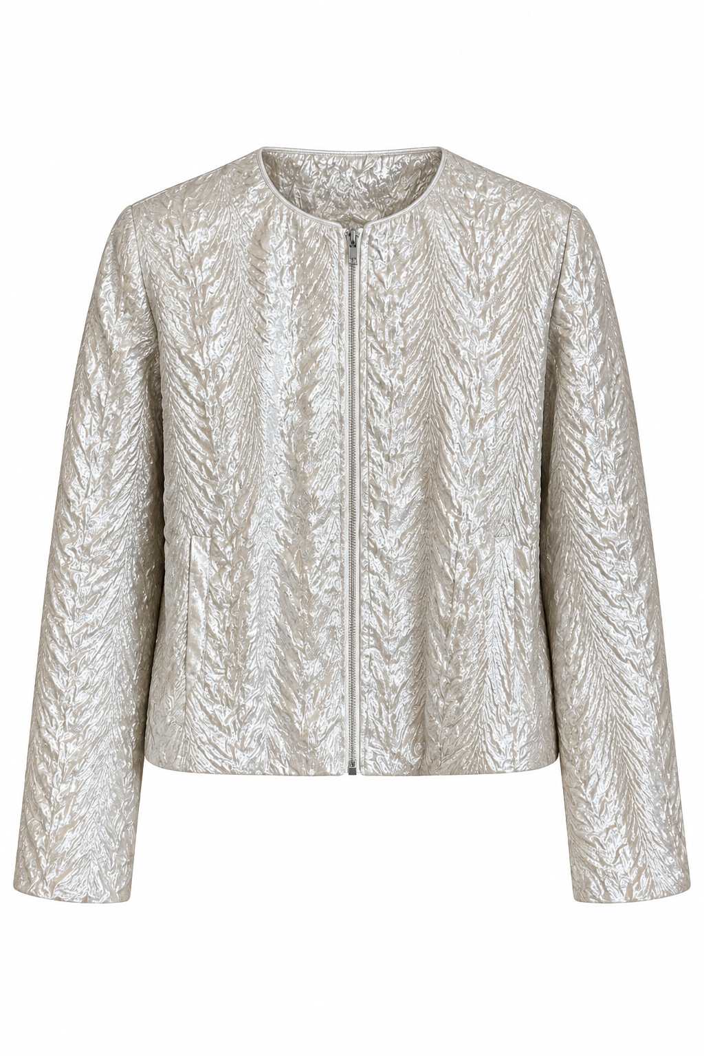Smashed Lemon collarless metallic crinkle jacket in silver, front view
