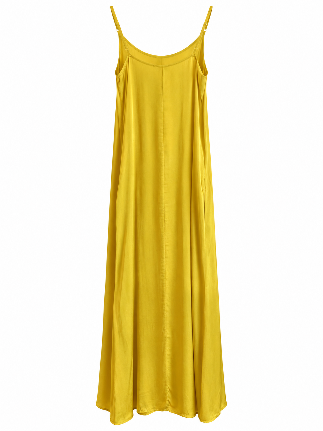 Suzy D Suzie maxi slip dress in golden yellow satin on a hanger, back view.
