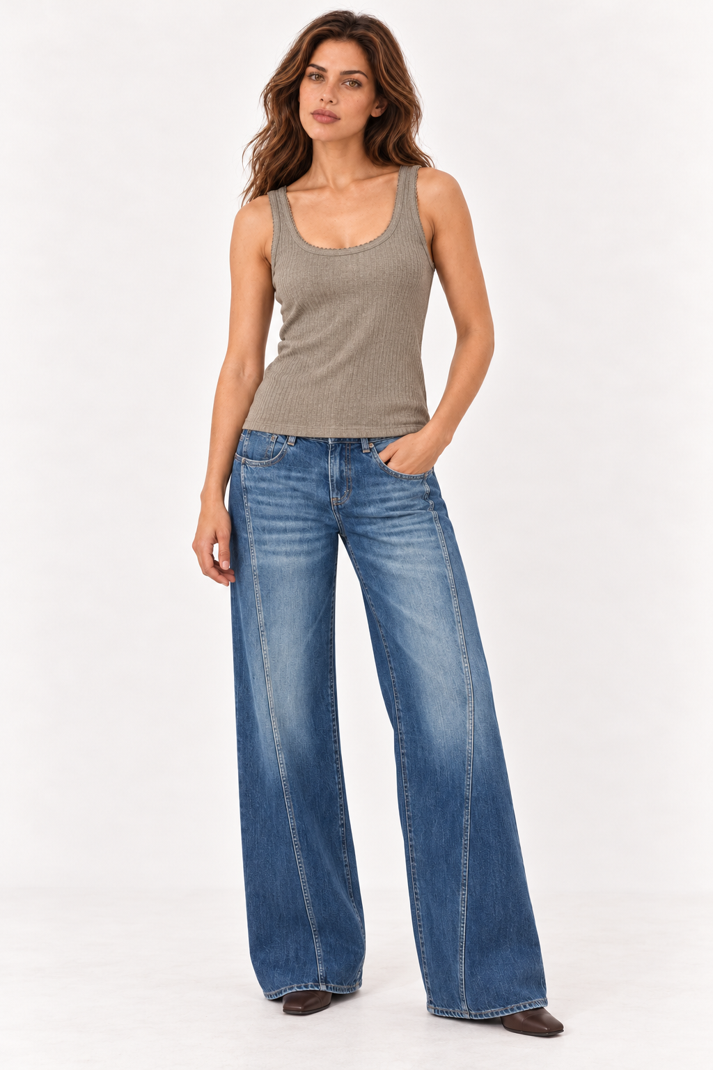 Model wearing the YAYA rib singlet in Khaki Green Melange with wide leg jeans #Colour_Khaki Green Melange