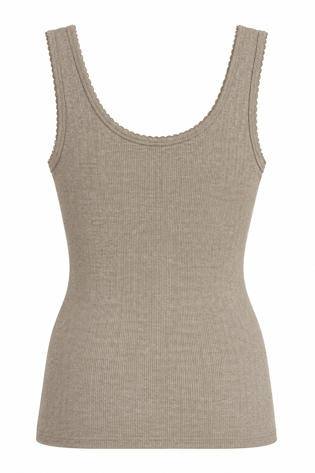 YAYA Rib Singlet with Fancy Edge in Khaki Green Melange, back view #Colour_Khaki Green Melange