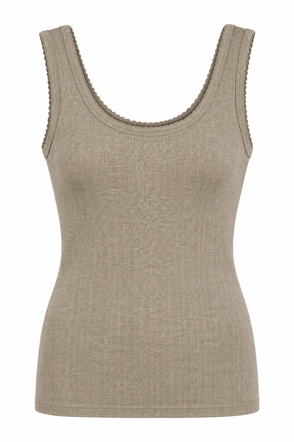 YAYA Rib Singlet with Fancy Edge in Khaki Green Melange, front view showing the scooped neck and scalloped edge #Colour_Khaki Green Melange