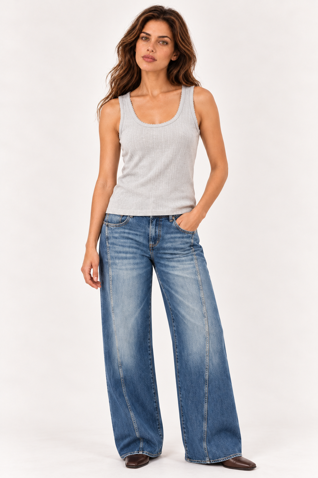 Model wearing the YAYA rib singlet in Mist Green Melange with wide leg jeans #Colour_Mist Green Melange
