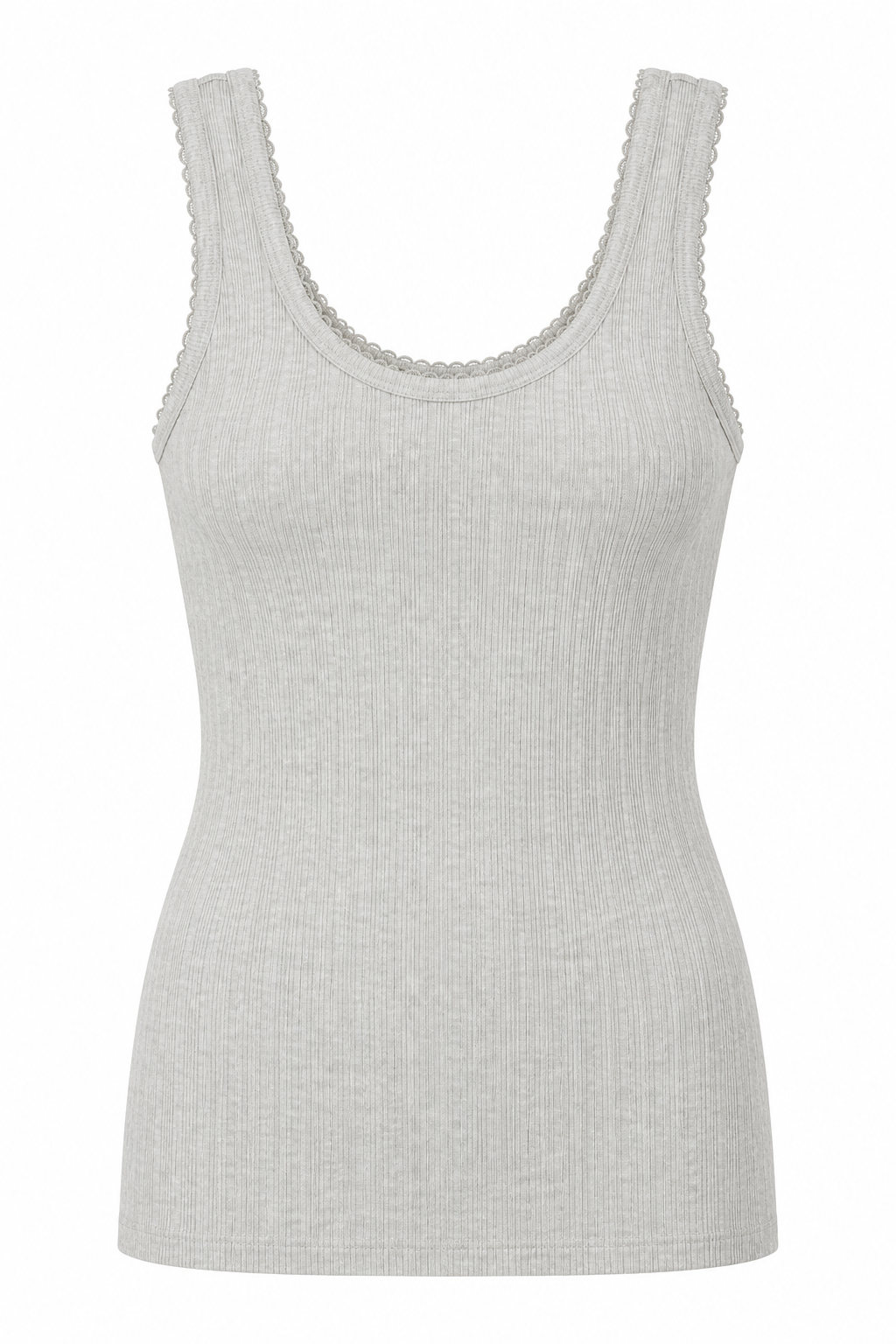 YAYA Rib Singlet with Fancy Edge in Mist Green Melange, front view showing the scooped neck and scalloped edge #Colour_Mist Green Melange
