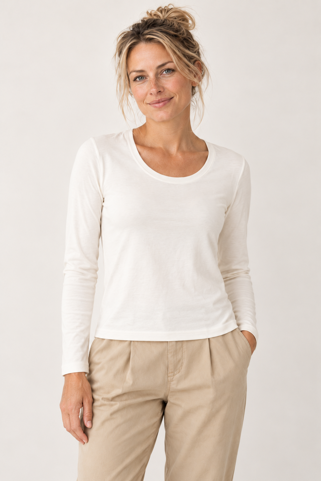Close-up of the YAYA long sleeve T-shirt in Off White, showing the wide round neck