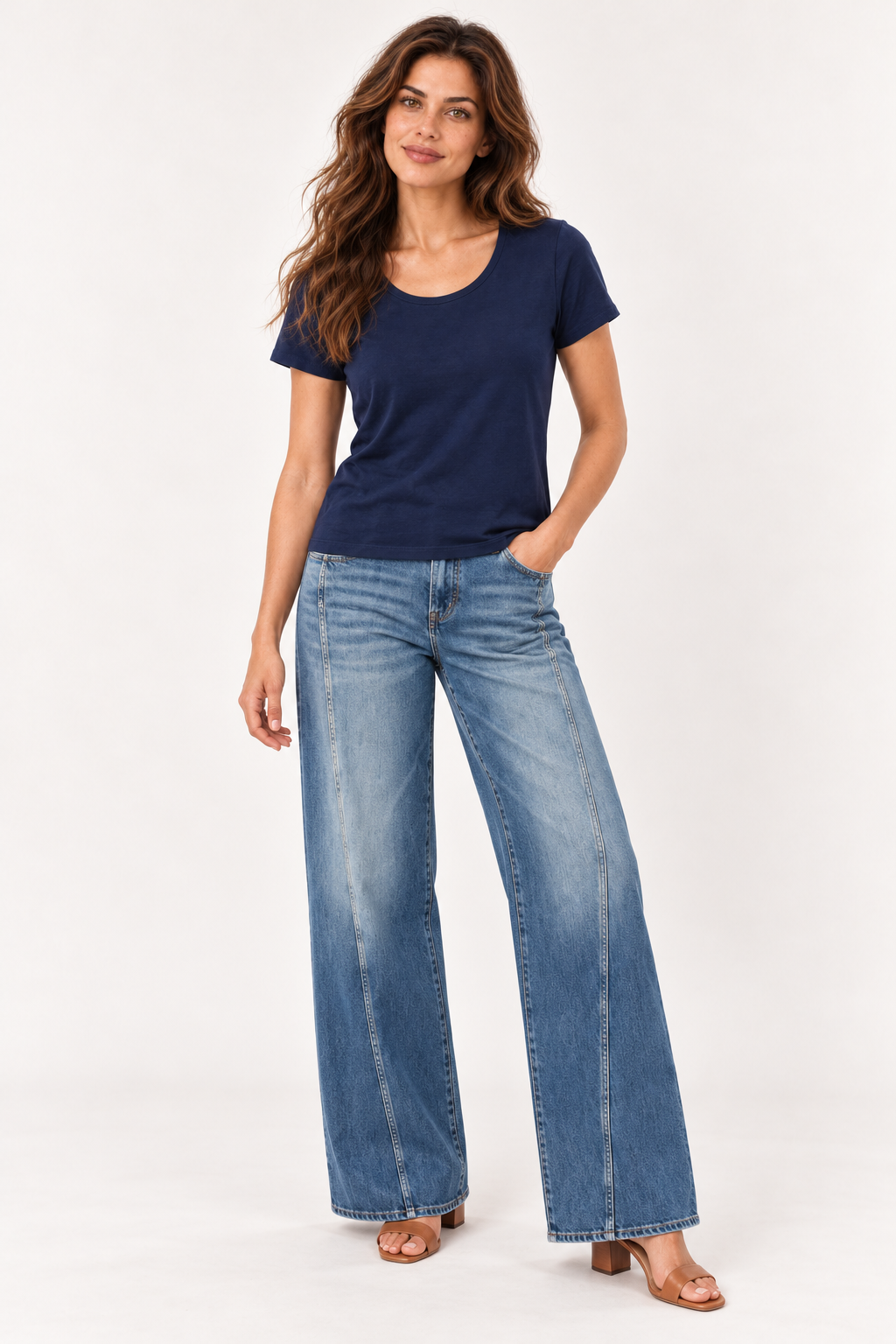 Model wearing the YAYA round neck T-shirt in Navy Blazer Melange with Le Temps des Cerises Lauryn wide leg jeans, front #Colour_Navy Blazer Melange