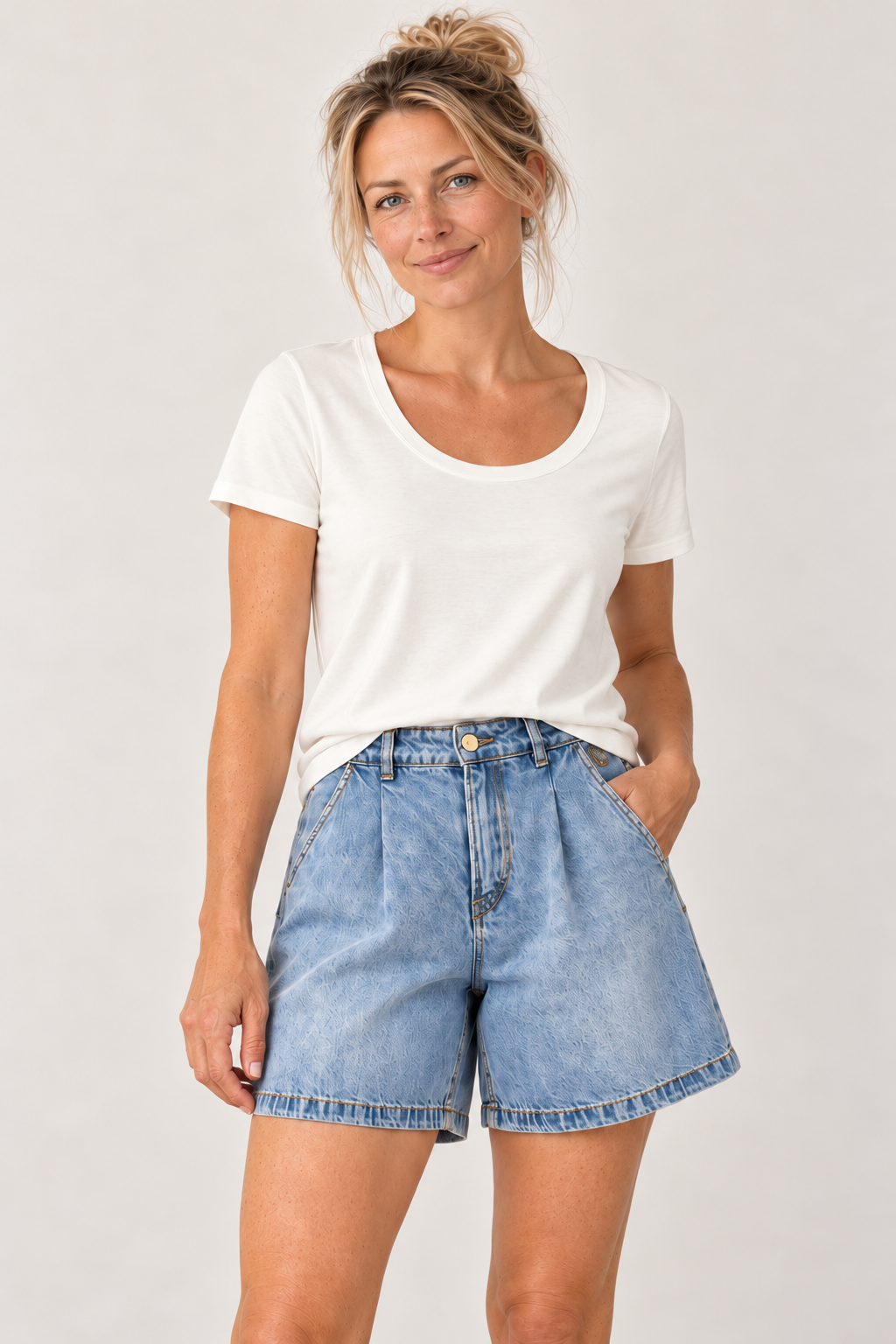 Close-up of the YAYA round neck T-shirt in Off White on the model #Colour_Off White