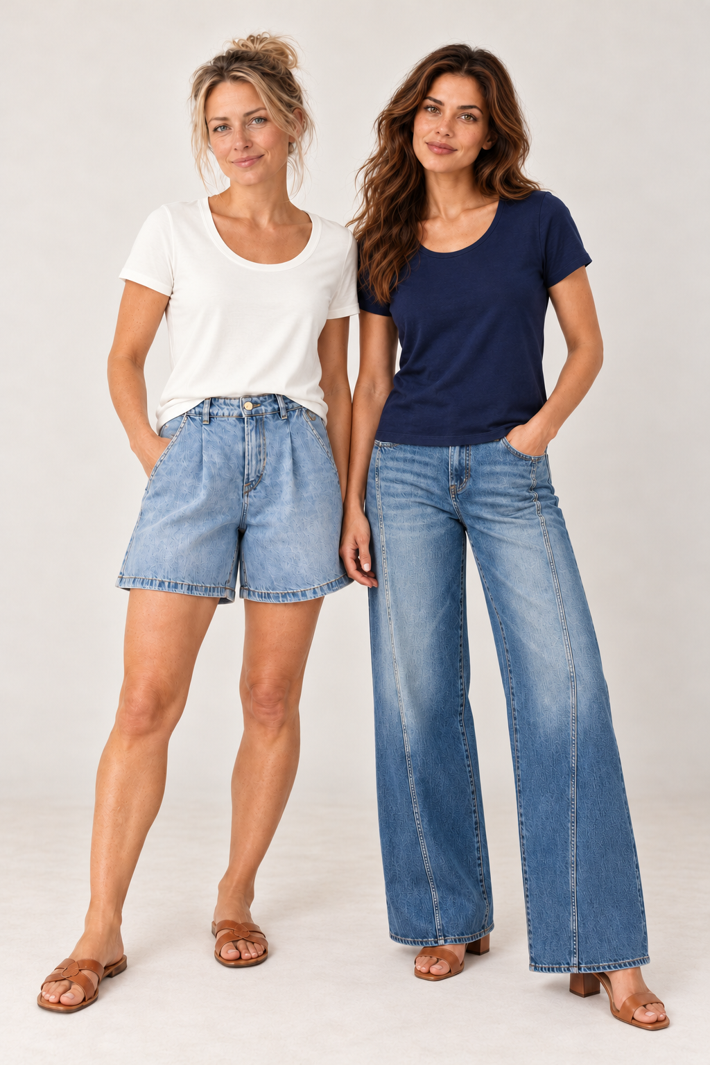 Two models wearing the YAYA Round Neck Short Sleeve T-Shirt in Off White and Navy Blazer Melange