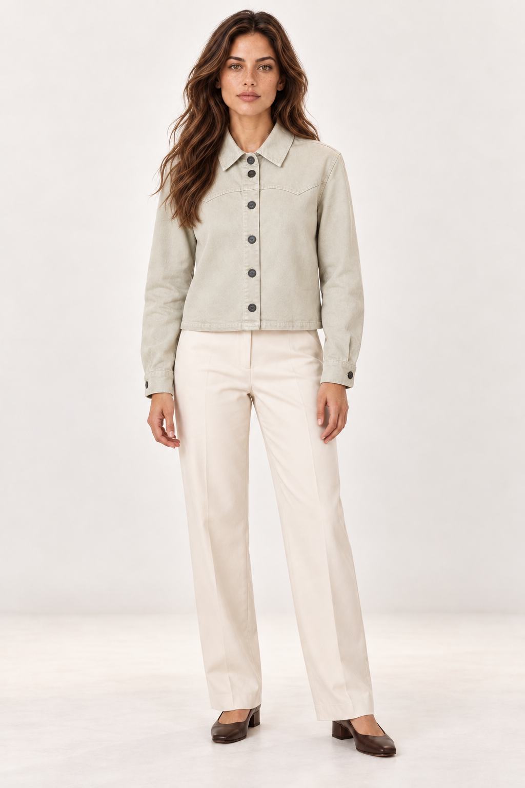 Model wearing the YAYA Sandstone Beige denim jacket buttoned up with cream wide leg trousers, full length front