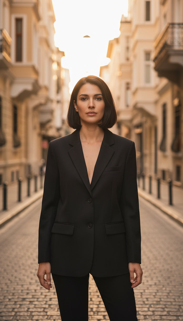Woman in a black suit standing on a city street with classical architecture.