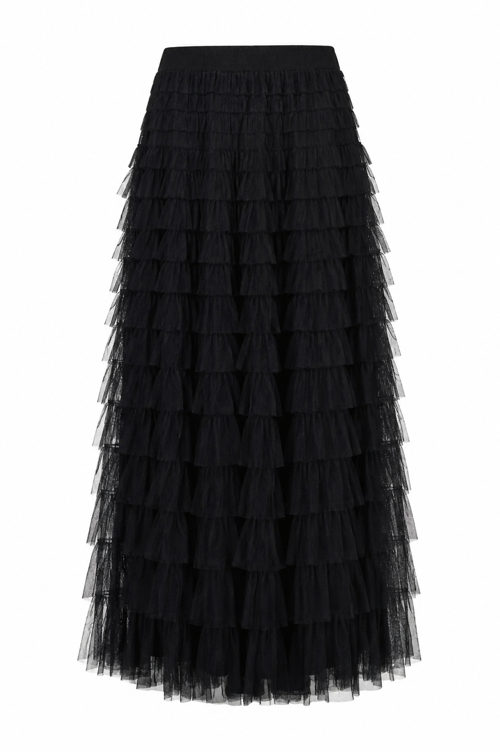 Brave+True Chance black maxi skirt featuring layered tiered tulle ruffles and a voluminous silhouette