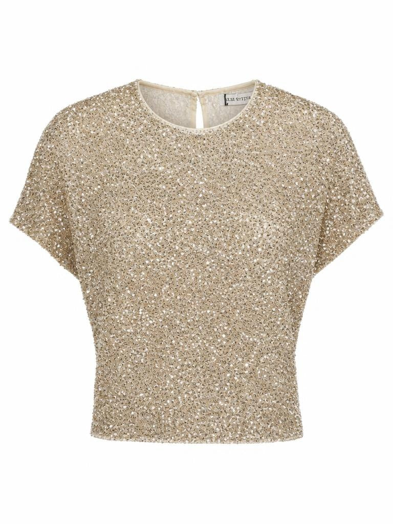 Brave + True champagne sequin top with relaxed silhouette and cap sleeves