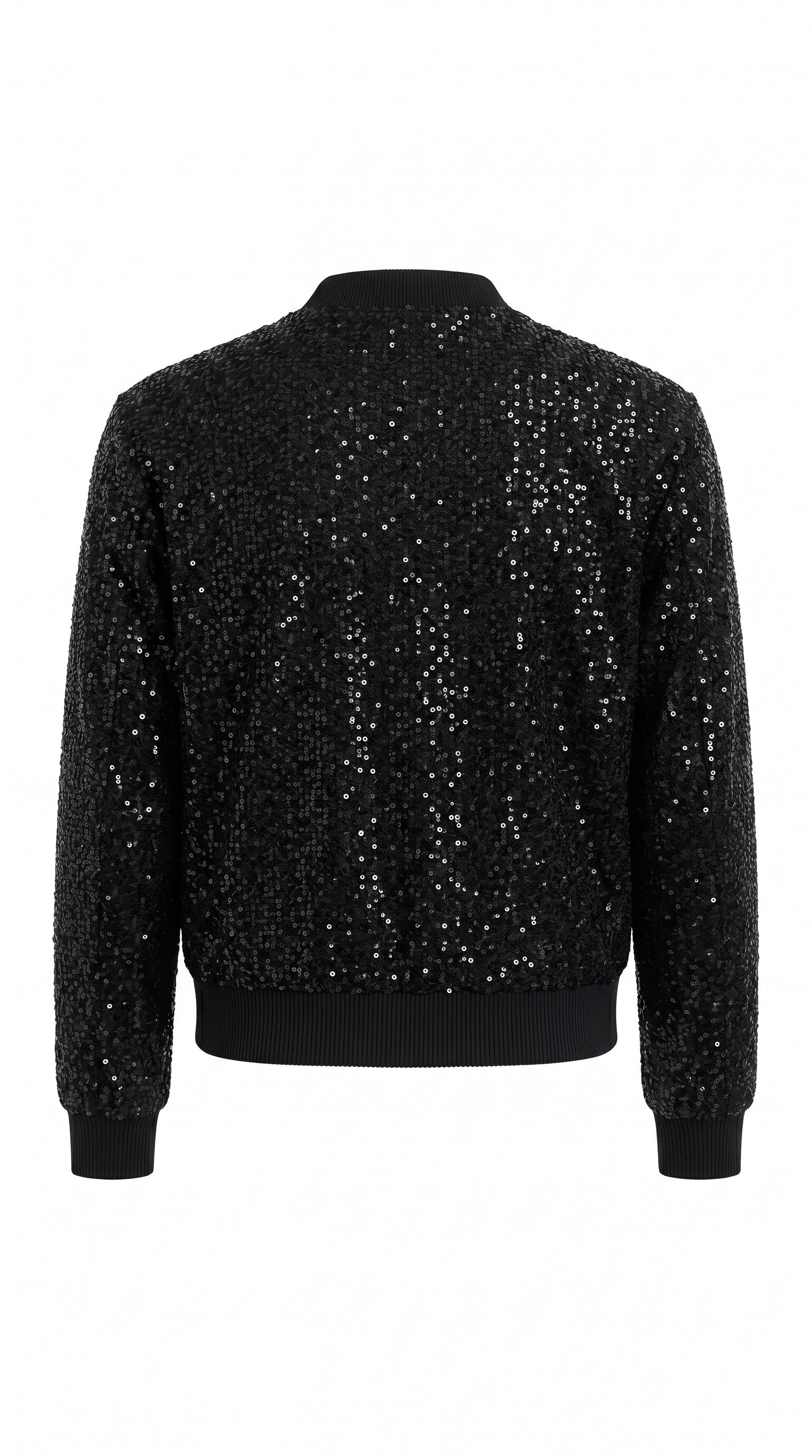 Brave + True black sequin bomber jacket with zip-front closure and ribbed trims