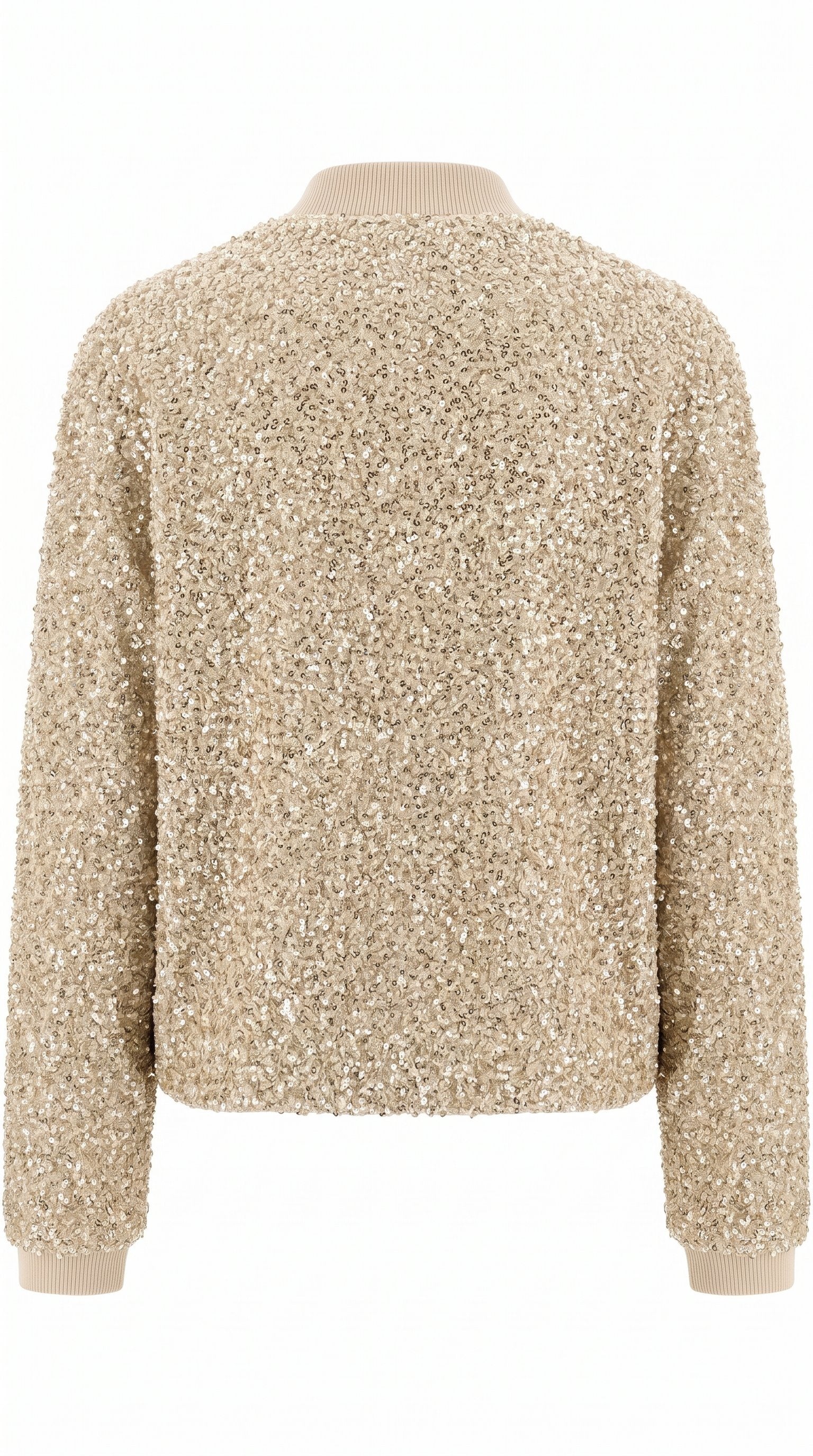 Brave + True champagne sequin bomber jacket with zip-front closure and relaxed silhouette