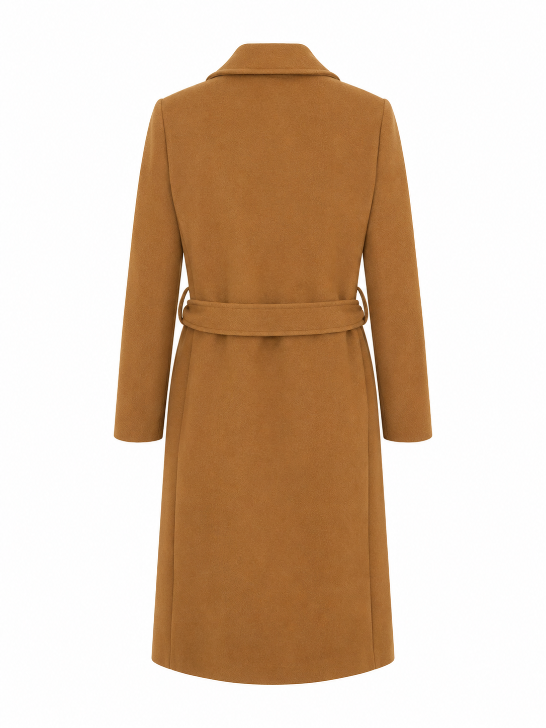 Back view of the Brave & True Julianne Coat in Camel showcasing the clean tailored design and adjustable waist belt.