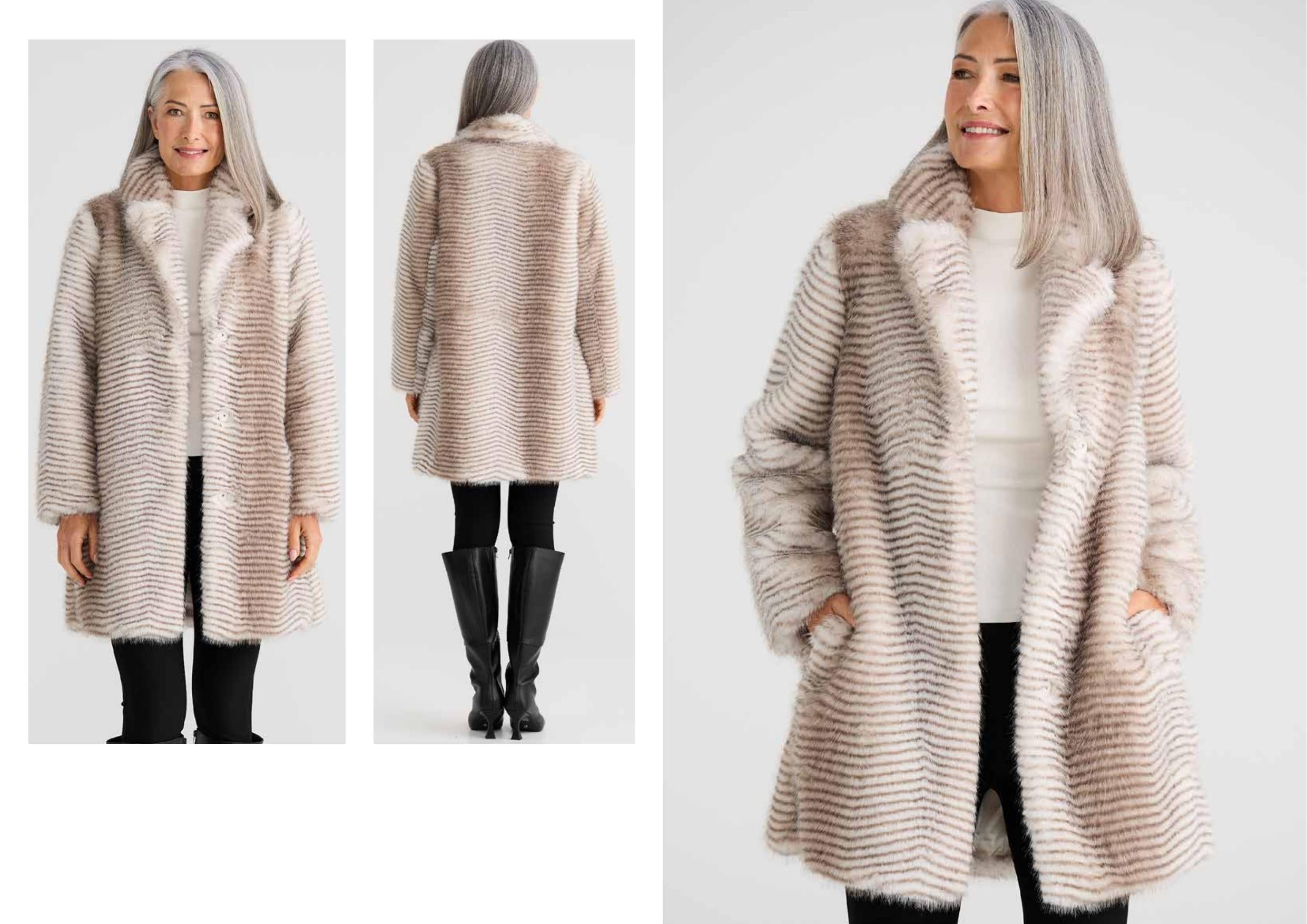 Woman wearing a long coat with fur trim in multiple views on a white background