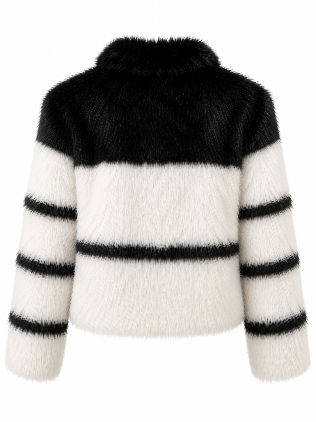 Back view of the Brave & True Debby Fur Jacket in Monochrome Stripe featuring luxuriously soft faux fur, bold black and ivory stripes and a plush collar.