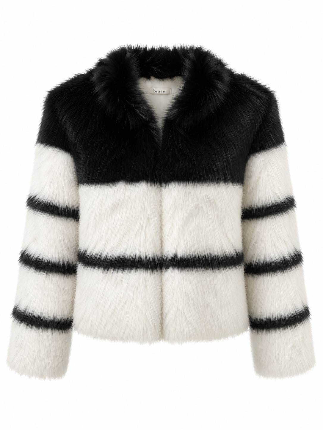 Front view of the Brave & True Debby Fur Jacket in Monochrome Stripe featuring luxuriously soft faux fur, bold black and ivory stripes and a plush collar.