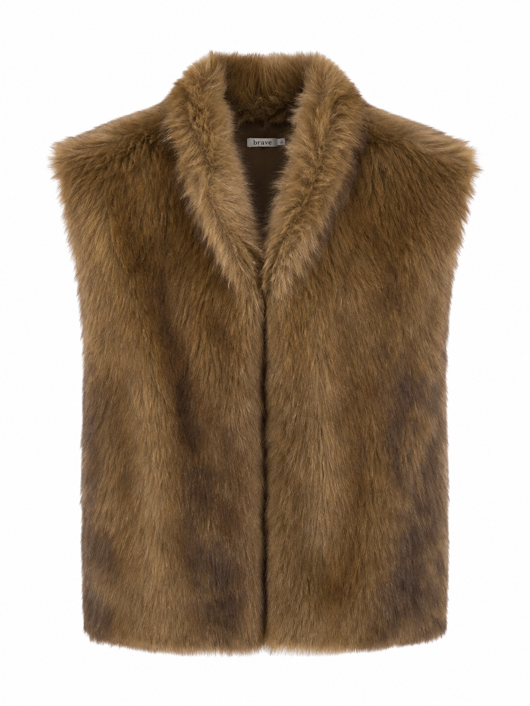 Front view of the Brave + True Vivienne Fur Vest in Mink featuring a luxurious faux fur finish, sleeveless silhouette and elegant shawl collar.