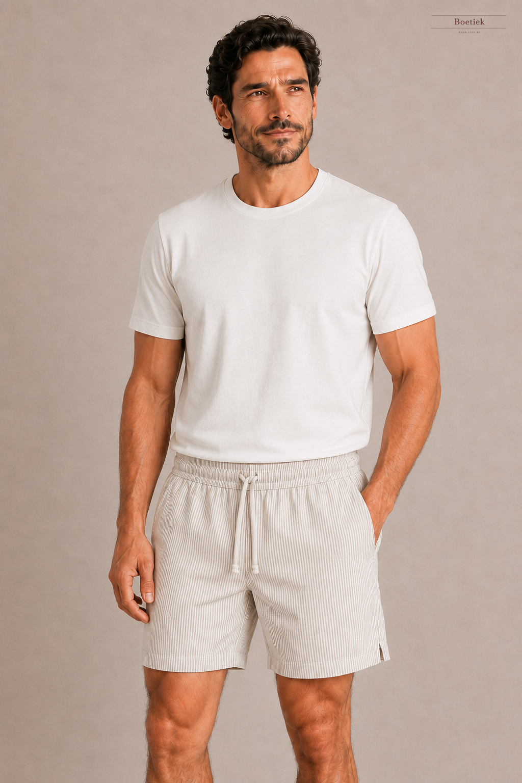 Chaos & Calm | Linen Thin Stripe Shorts in Sand