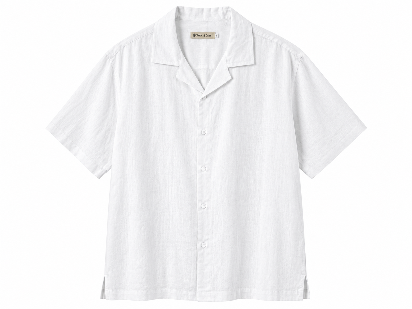 Chaos & Calm Linen White Shirt front view with short sleeves and open collar