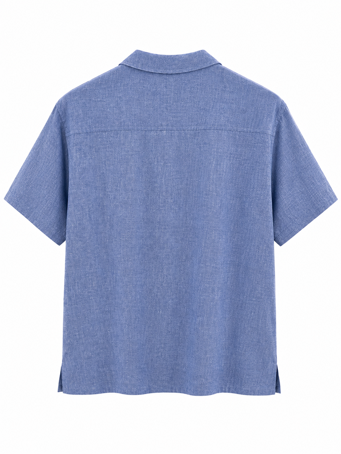 Chaos & Calm Viscose Voile Denim Shirt front view with short sleeves and open collar
