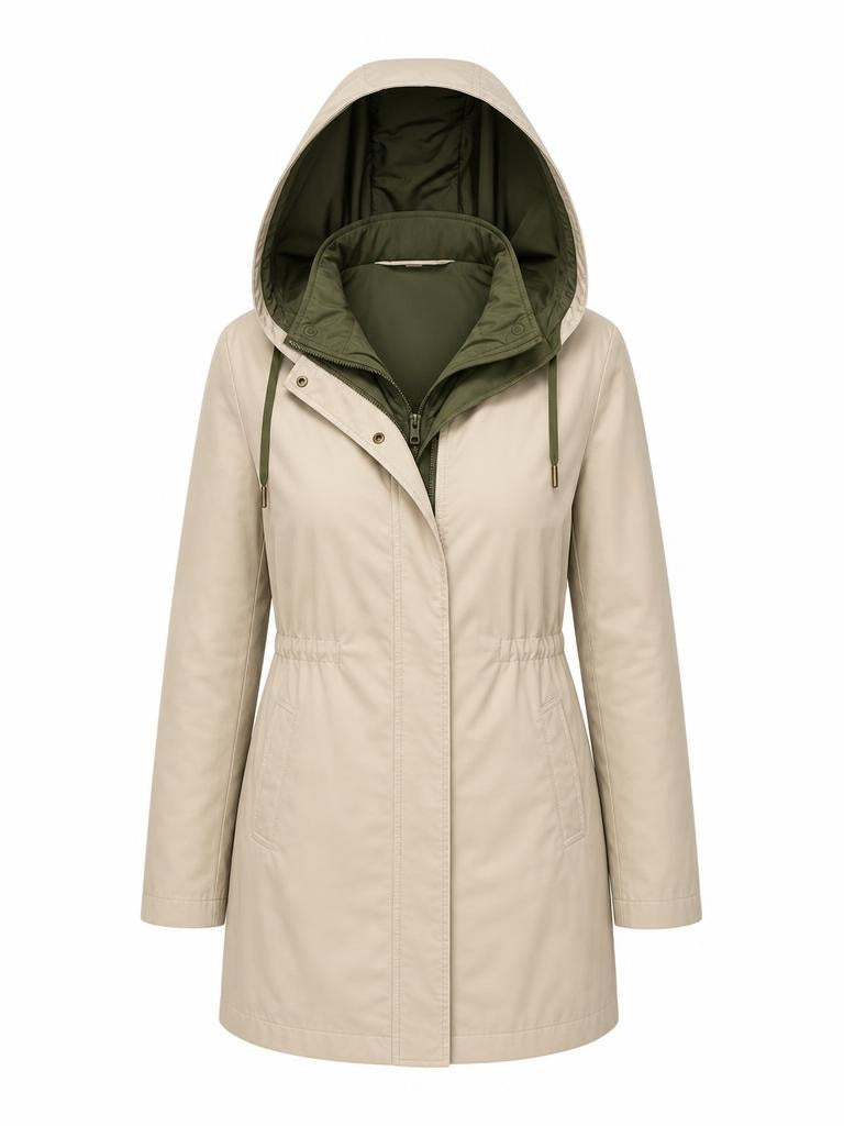 Beige coat with a green hood on a white background