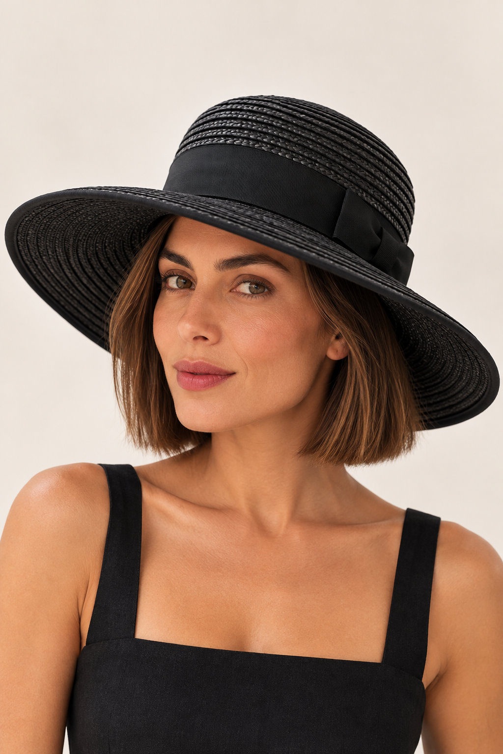 Close-up of Crystal Birch Mia Wheat Straw Hat in Black featuring a rounded woven crown, wide brim and black ribbon band with bow detail