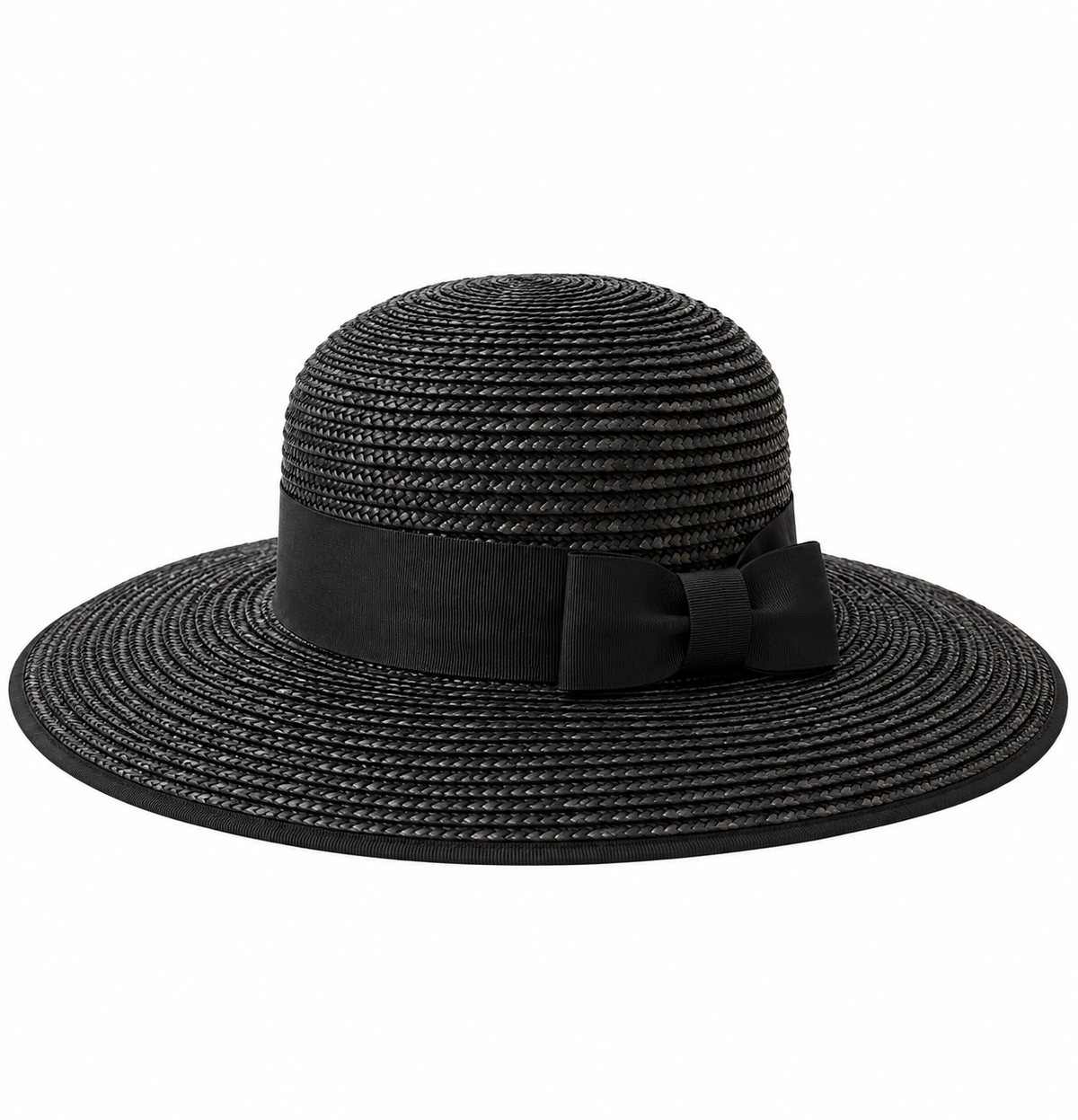 Product view of Crystal Birch Mia Wheat Straw Hat in Black showcasing its textured wheat straw weave, rounded crown, wide circular brim and black ribbon bow band