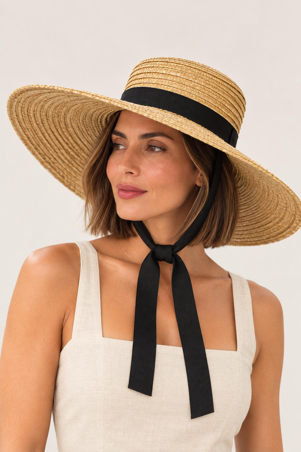 Close-up of Crystal Birch Sam Bolero Straw Hat in Natural featuring a wide woven straw brim, black hatband and black ribbon ties