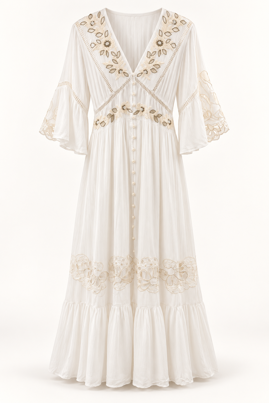 Piti Cuiti white viscose maxi dress shown flat, with gold floral embroidery, button front and cutwork hem band
