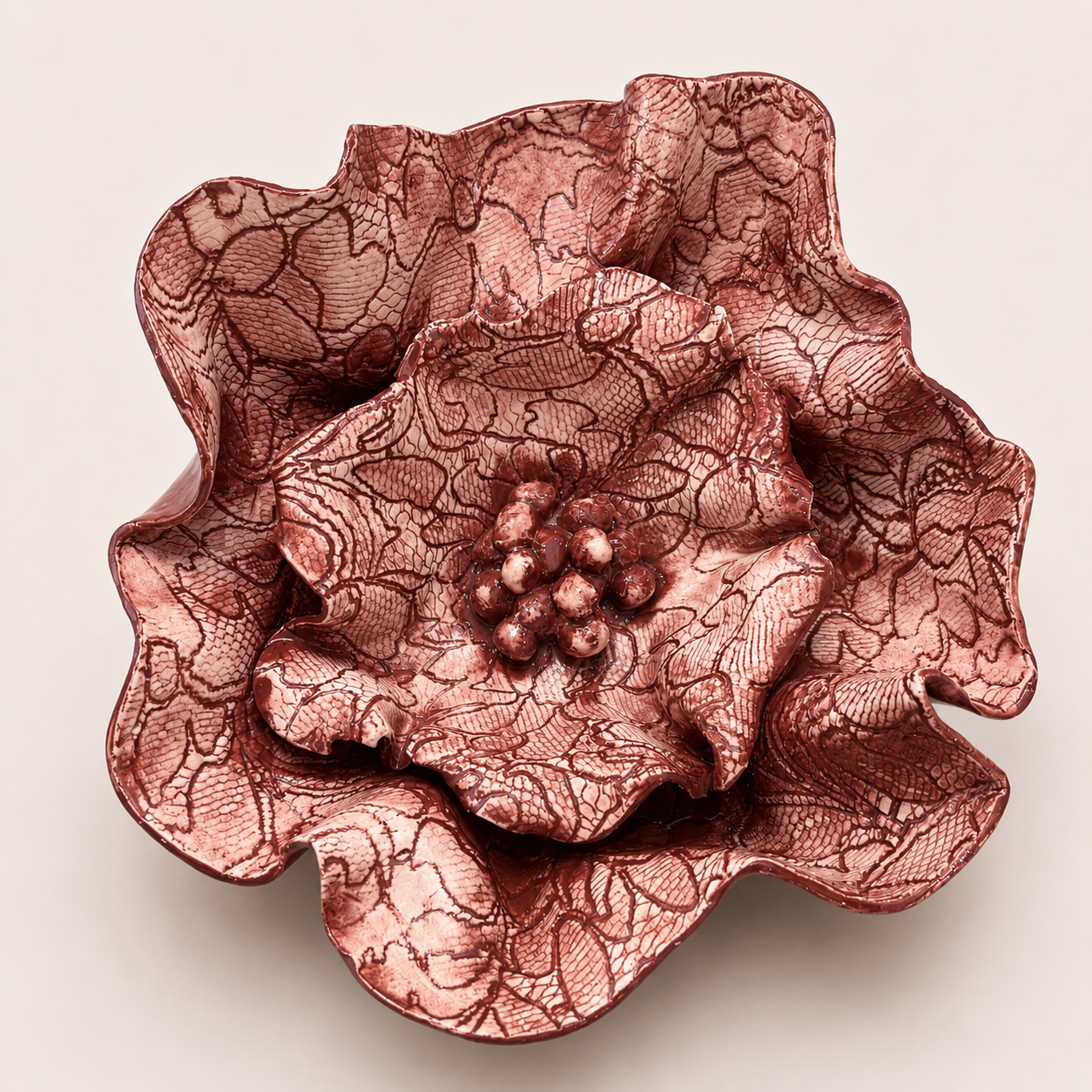 Large handcrafted Floral Fragments stoneware wall art by Ilené Bothma featuring layered floral forms, intricate botanical textures and sculptural ceramic detailing.