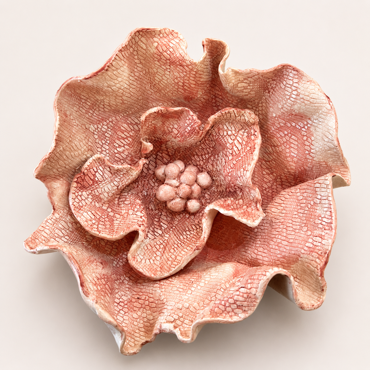 Large handcrafted Floral Fragments stoneware wall art by Ilené Bothma featuring layered floral forms, intricate botanical textures and sculptural ceramic detailing.