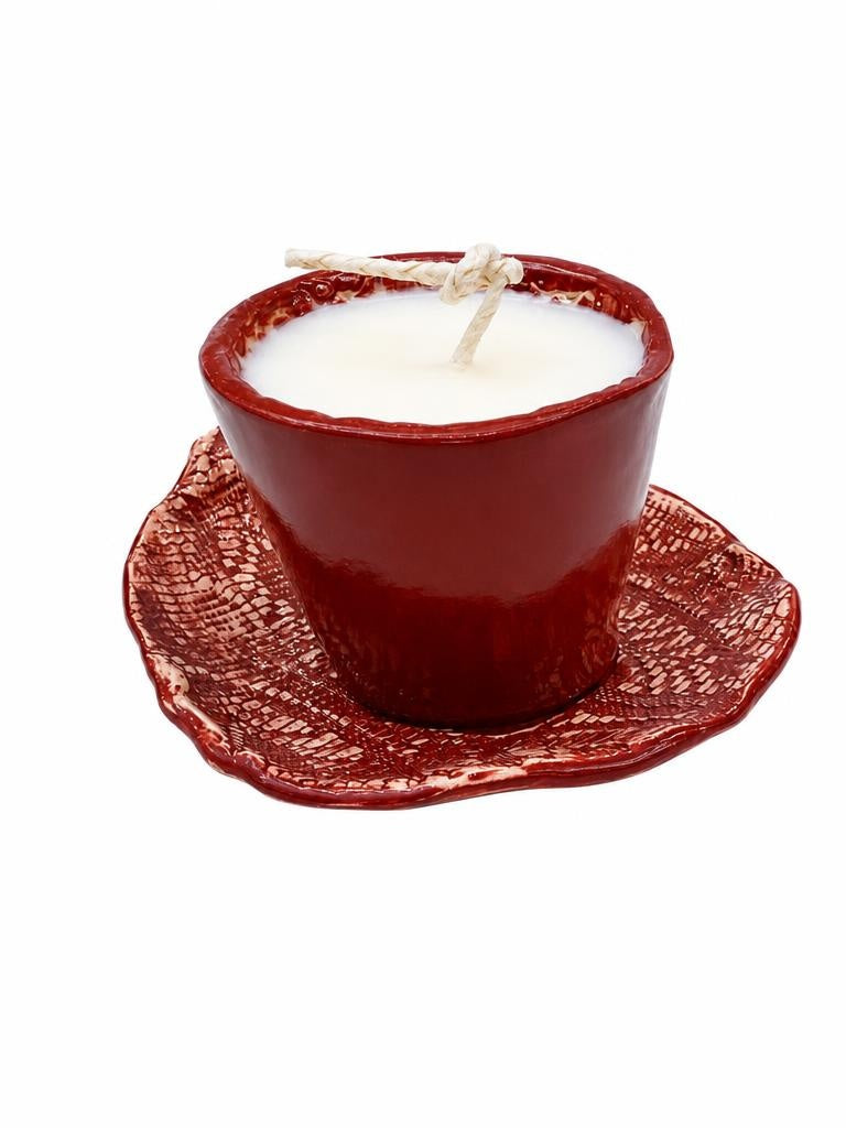 Fragile by Ilene handcrafted ceramic candle cup and matching saucer in Lace design with textured artisan finish