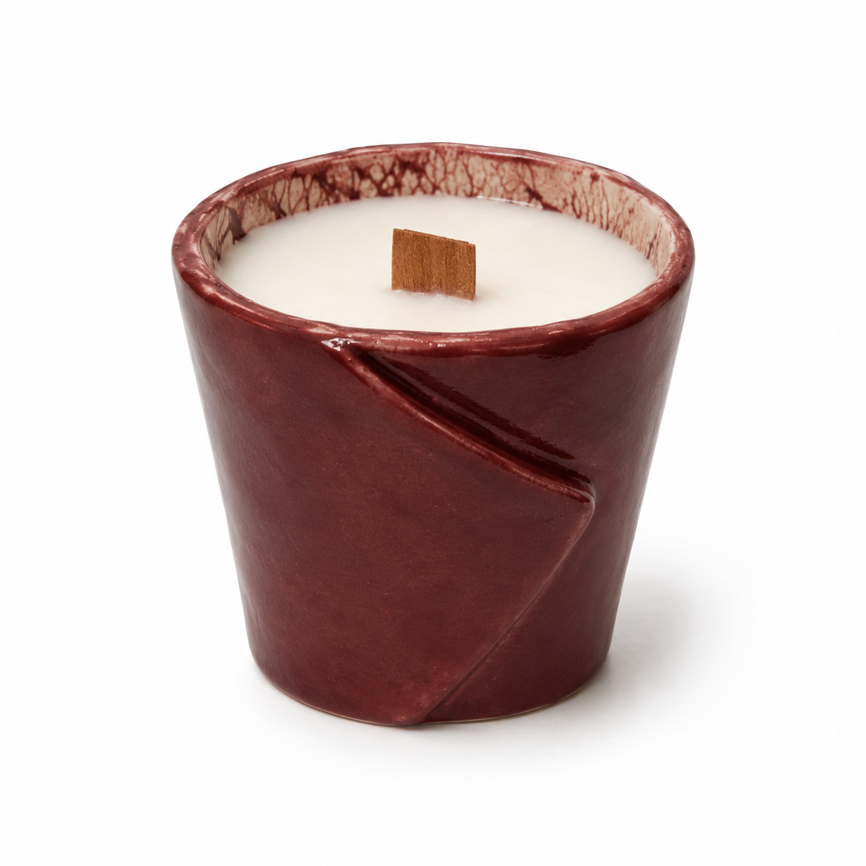 Fragile by Ilene medium fragranced candle in burgundy handcrafted ceramic vessel with natural wood wick and Summer Nights fragrance