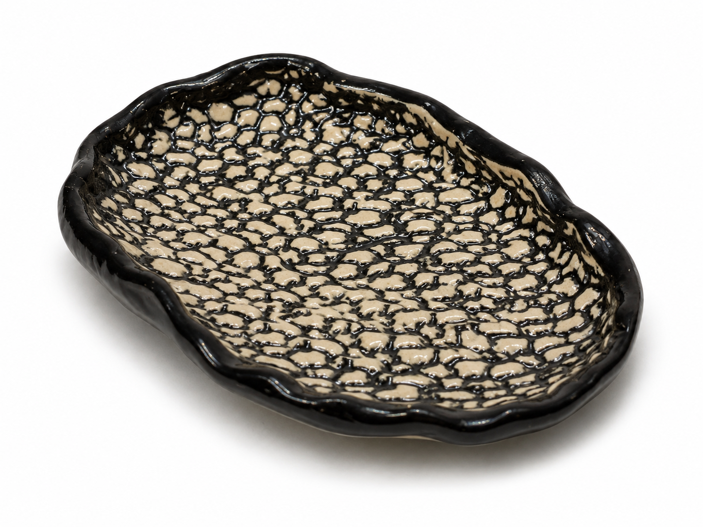 Handcrafted Fragile by Ilene stoneware trinket dish with black lace-inspired textured glaze