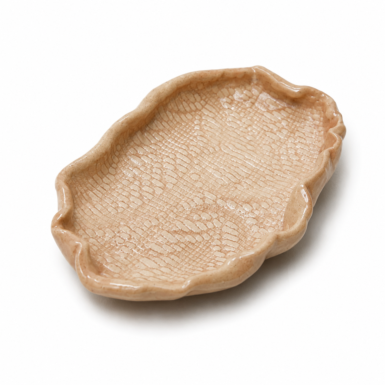 Handcrafted Fragile by Ilene stoneware trinket dish with natural lace-inspired textured finish