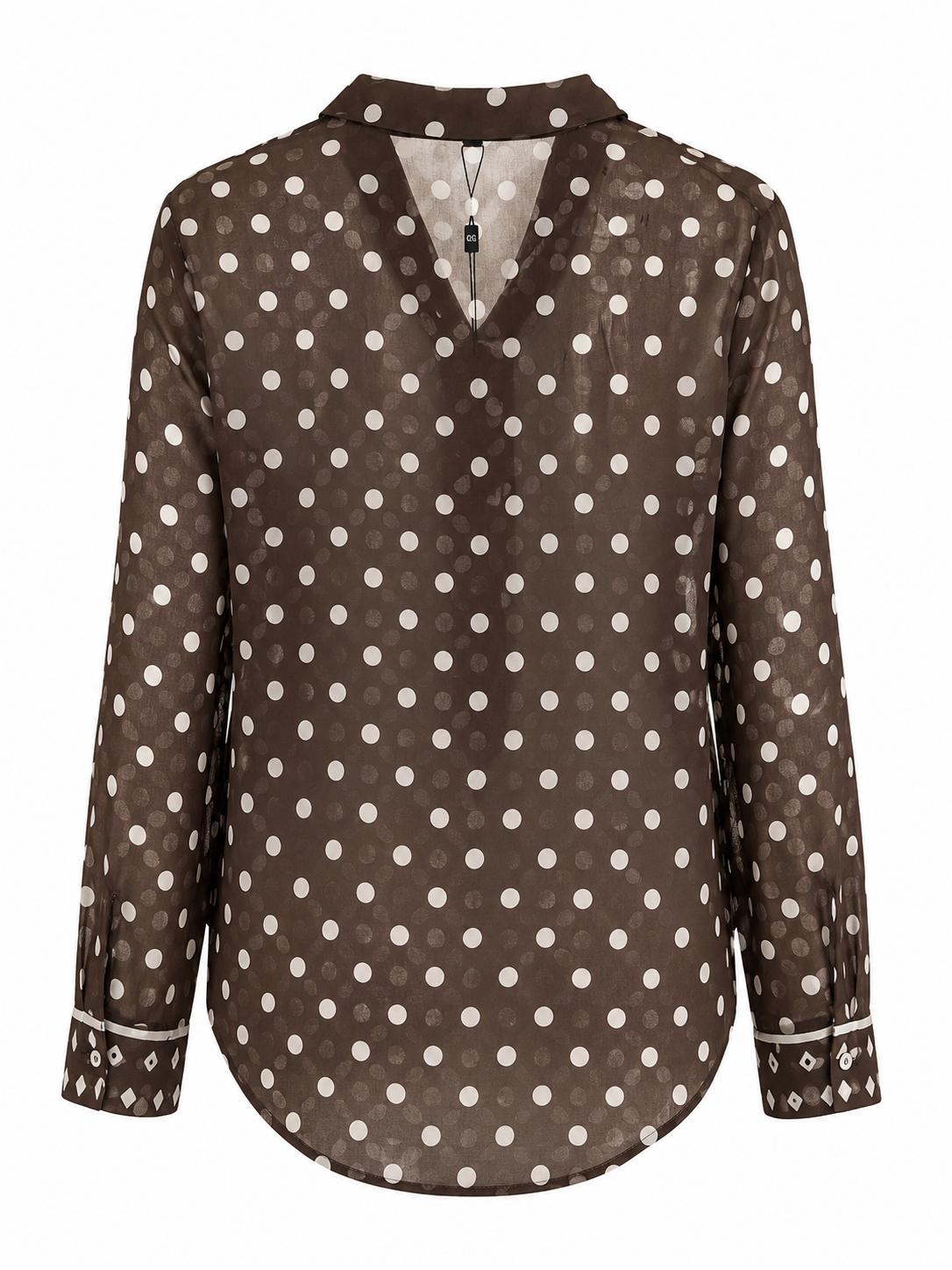 Back view of the Gordon Smith Aurora Polkadot Shirt in Brown White showcasing the relaxed fit, curved hem and all-over white polkadot print.