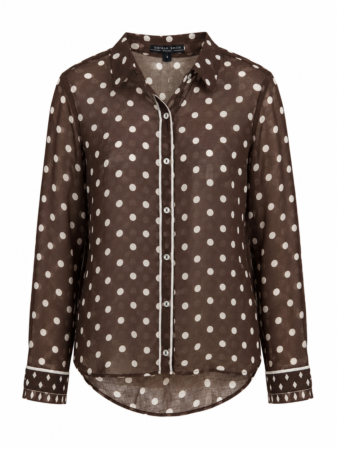 Front view of the Gordon Smith Aurora Polkadot Shirt in Brown and White featuring an all-over white polkadot print, contrast piping, classic collar and button-through front