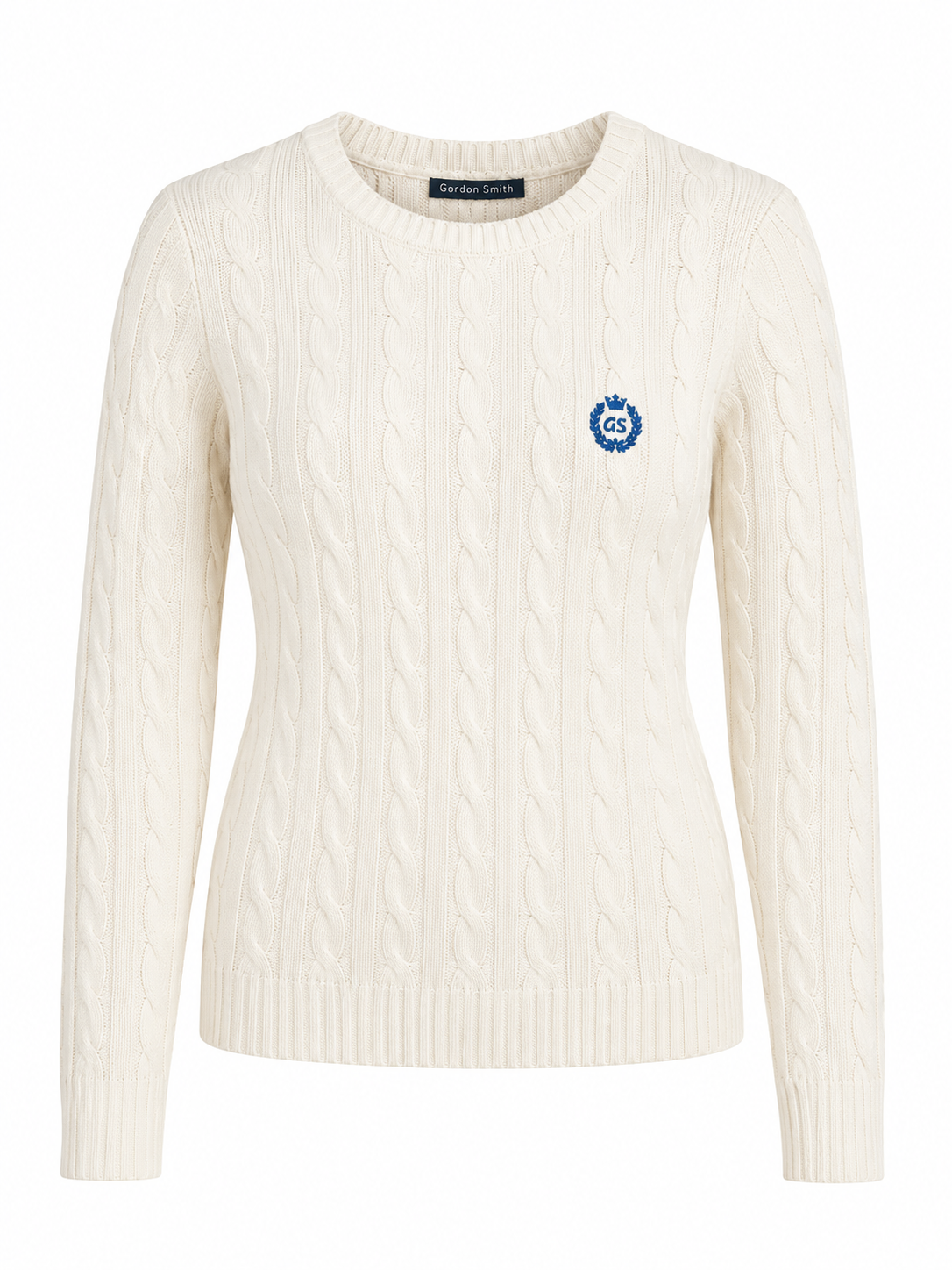 Front view of the Gordon Smith Harmony Cable Jersey in Ivory featuring a classic crew neckline, cable knit design and embroidered GS crest.