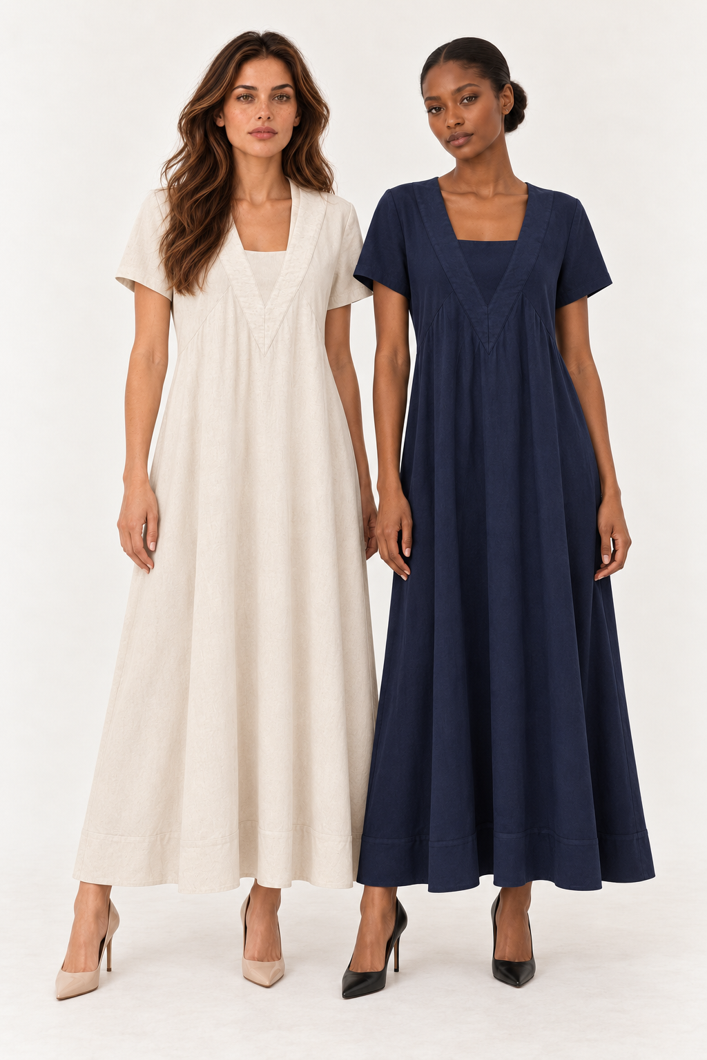 Gordon Smith Lino Le Marais Dress shown in both shades, Natural and Dark Blue, worn by two models with heels