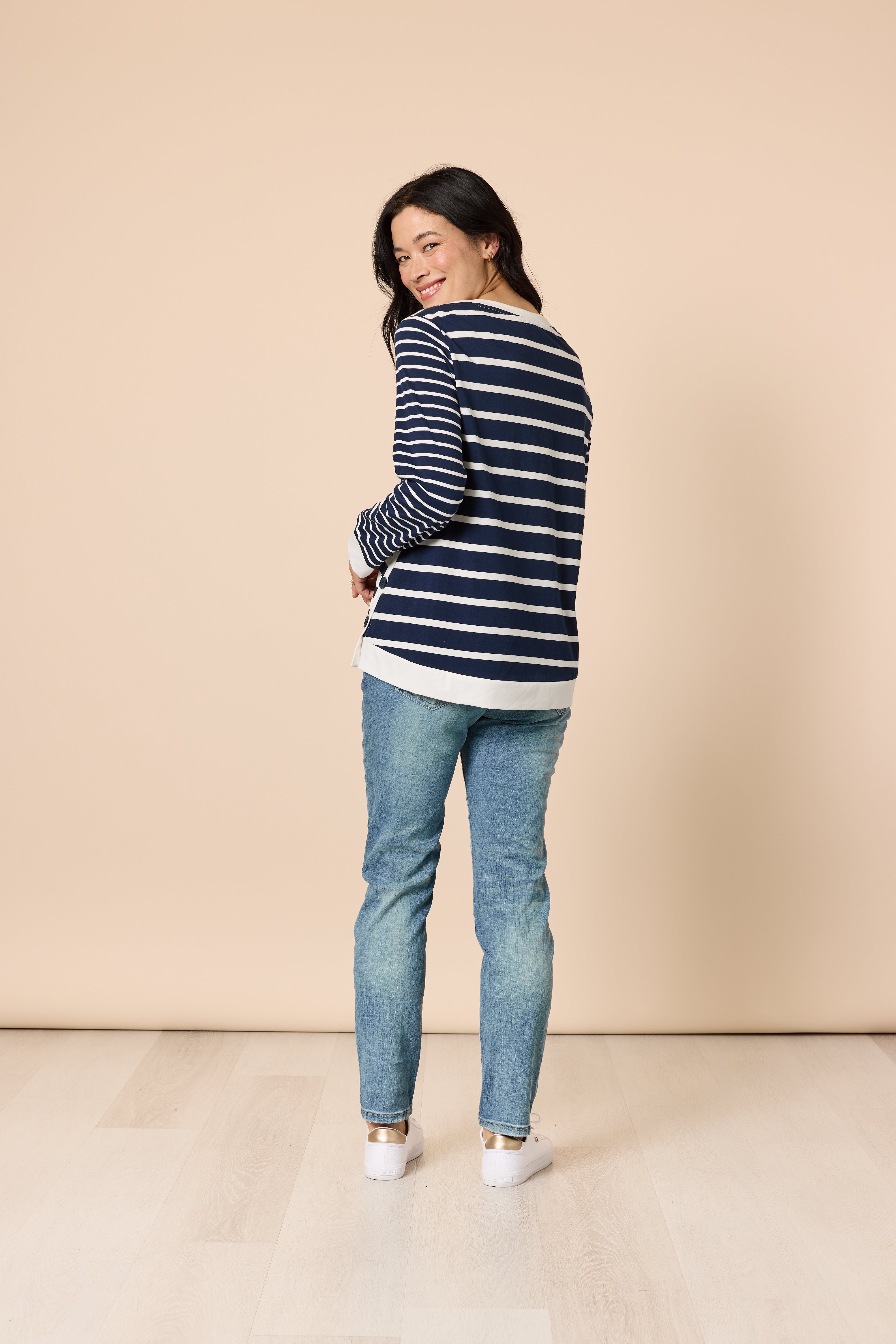 Back view of model wearing Gordon Smith stripe top
